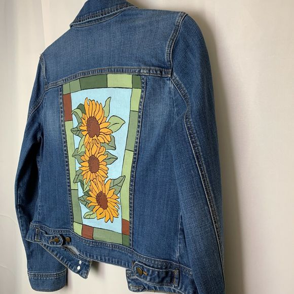 Sunflower Denim Jacket Hand Painted Country Girl Cottagecore Chic Autumn - Picture 5 of 13
